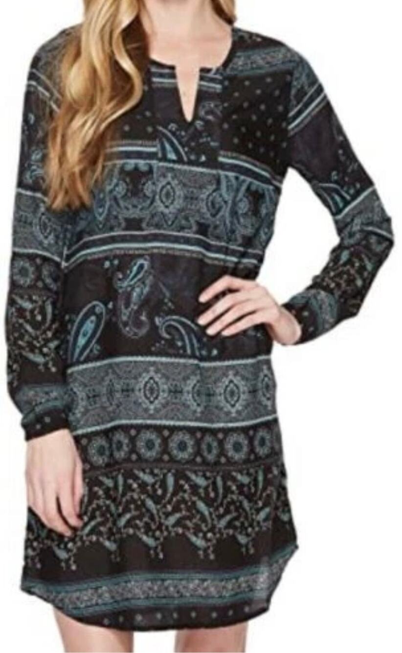 Aventura Serafina Boho Black Blue Paisley Bandana Print Long Sleeve Dress Medium